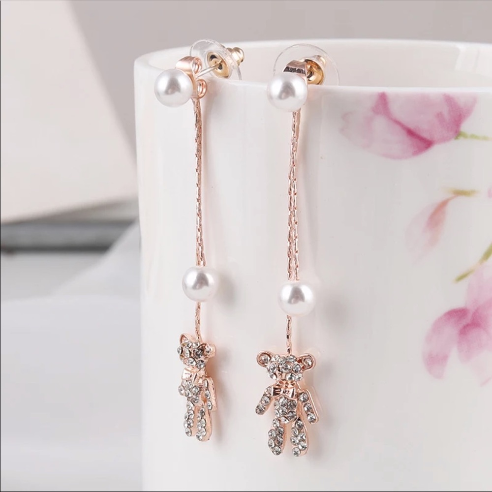 3/$30 CUTE CZ BEARS & PEARLS DOUBLE SIDED EARRINGS